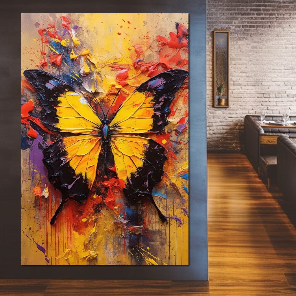 tablou canvas cu un fluture galben intens, pe fundal multicolor stil graffiti