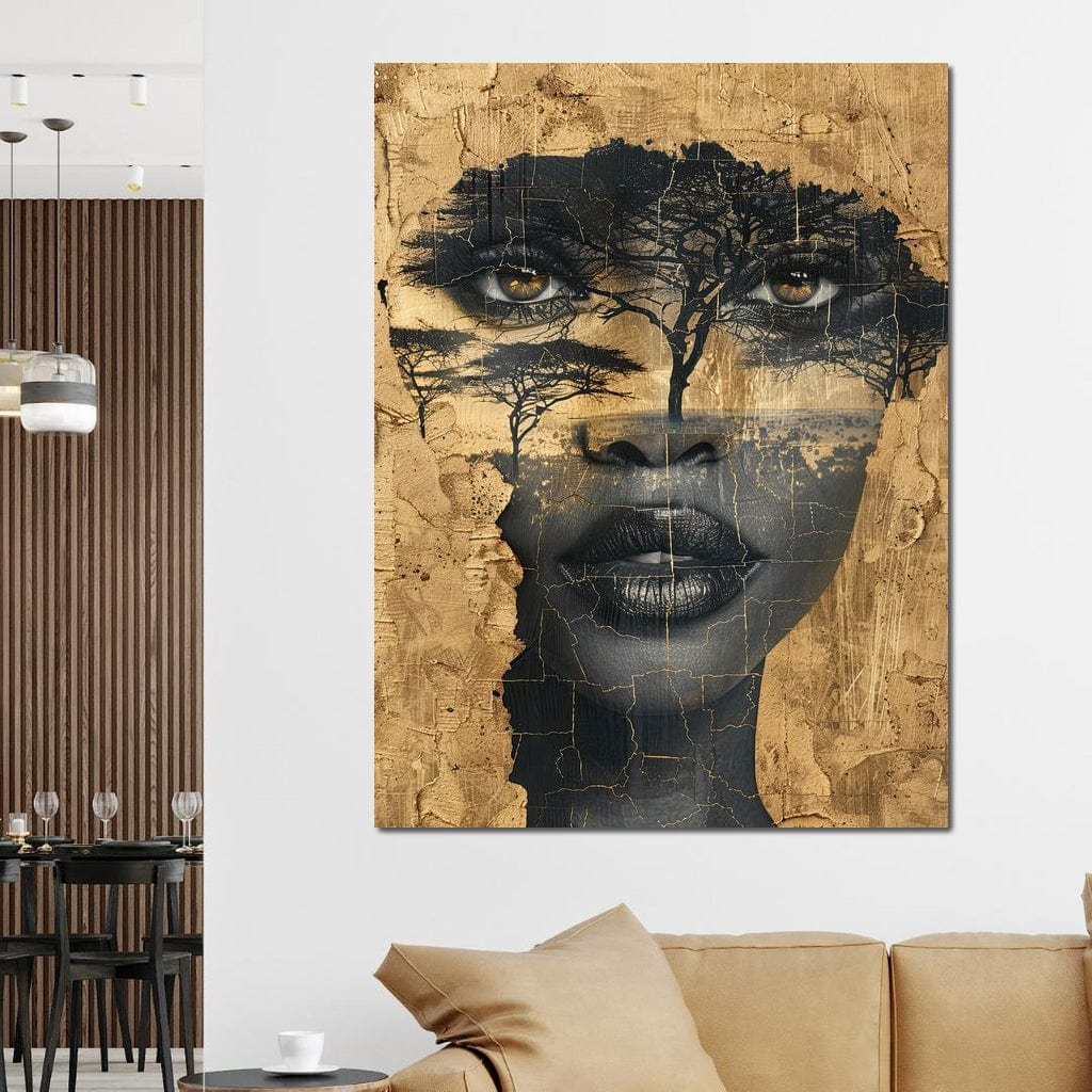 Tablou Canvas Premium LuxCanva® G1008, Chipul Africii , Natura, Copaci, Pamant, Privire, Simbolism, Femeie, Living, Dormitor, Culori vibrante