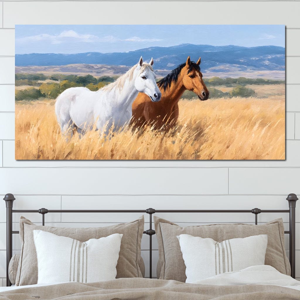 tablou canvas cu un cal alb si un cal maro, intr-un lan auriu, pe fundal cu peisaj natural luminos