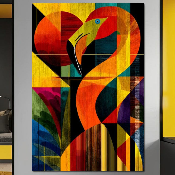 tablou canvas cu un flamingo in culori vibrante si forme abstracte, pe fundal multicolor in compozitie geometrica