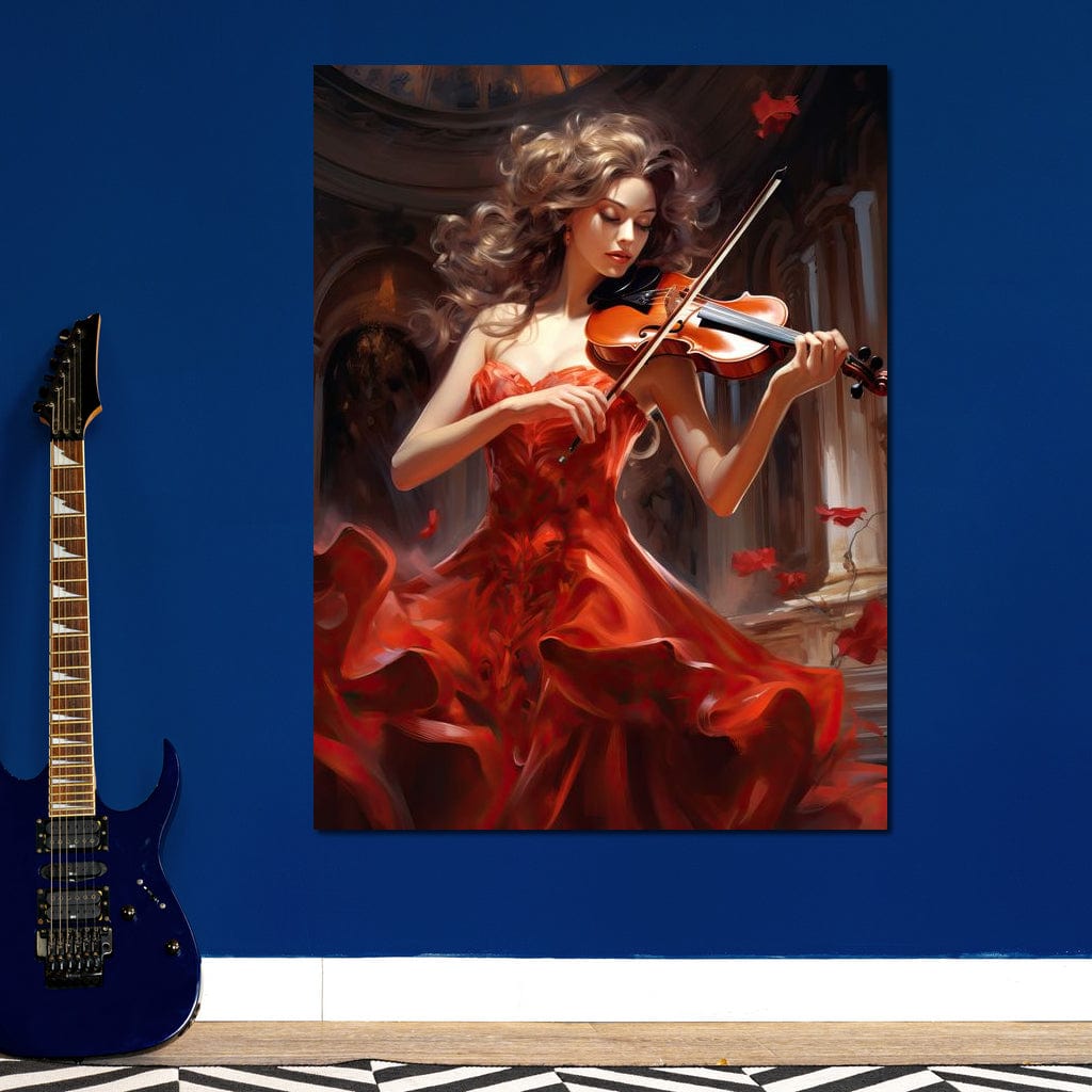 Tablou Canvas Premium LuxCanva® G1049, Rapsodie in Rosu , Vioara, Muzica, Eleganta, Muza, Pasiune, Rochie, Rosie, Living, Dormitor, Culori Vibrante
