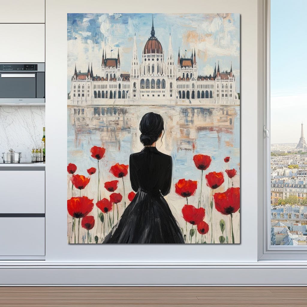 Tablou Canvas Premium, LuxCanva® G1120, Vis la Budapesta, Maci, Flori, Palat, Oras, Dunare, Rosu, Visare, Tacere, Femeie, Living, Dormitor