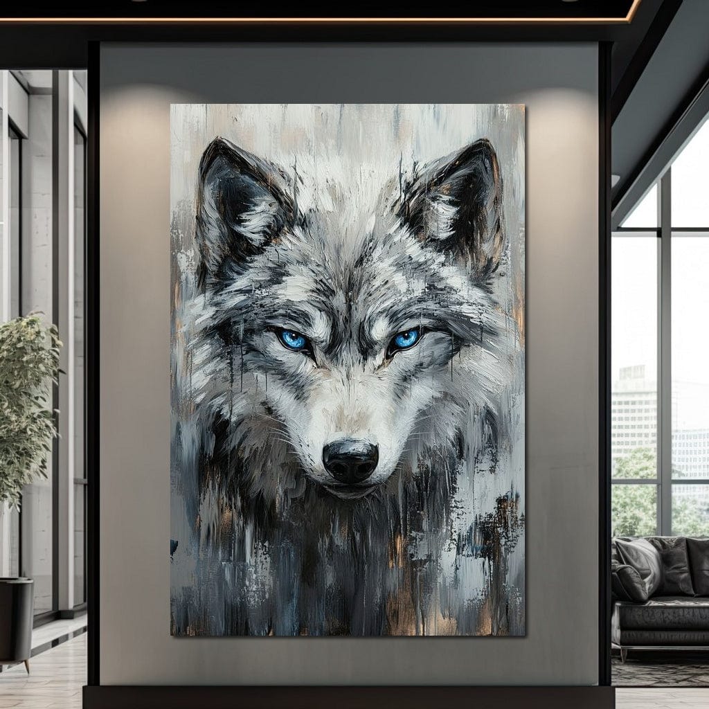 tablou canvas cu un lup cu ochi albastri, pictat in nuante de gri si auriu pe fundal deschis