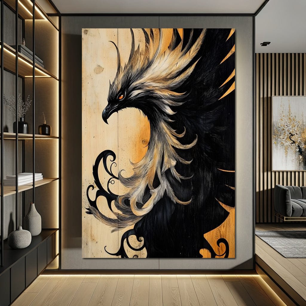 tablou canvas cu o pasare Phoenix in nuante de negru si auriu, pe fundal tip lemn