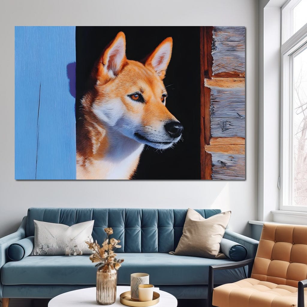 tablou canvas cu un caine cu blana roscata si alba, privind peste un gard rustic de lemn, in lumina calda de apus