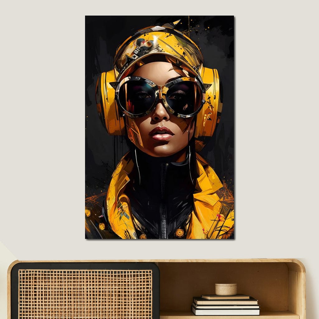 Tablou Canvas Premium, LuxCanva® G1098, Fata Viitorului, Privire, Cyber, Galben, Ochelari, Casti, Urban, Galactic, Avangardist, Living, Dormitor
