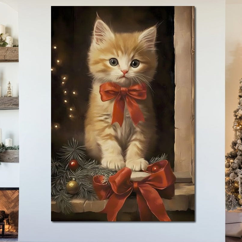 Tabloul LuxCanva® Tablou Canvas Premium D1087, "Blanita de Poveste", prezintă o pisicuță jucăușă portocalie și albă cu o fundă roșie, ramuri de pin festive, ornamente aurii și roșii - perfect ca cadou de sărbători sau decor pentru sufragerii sau spații pentru copii.