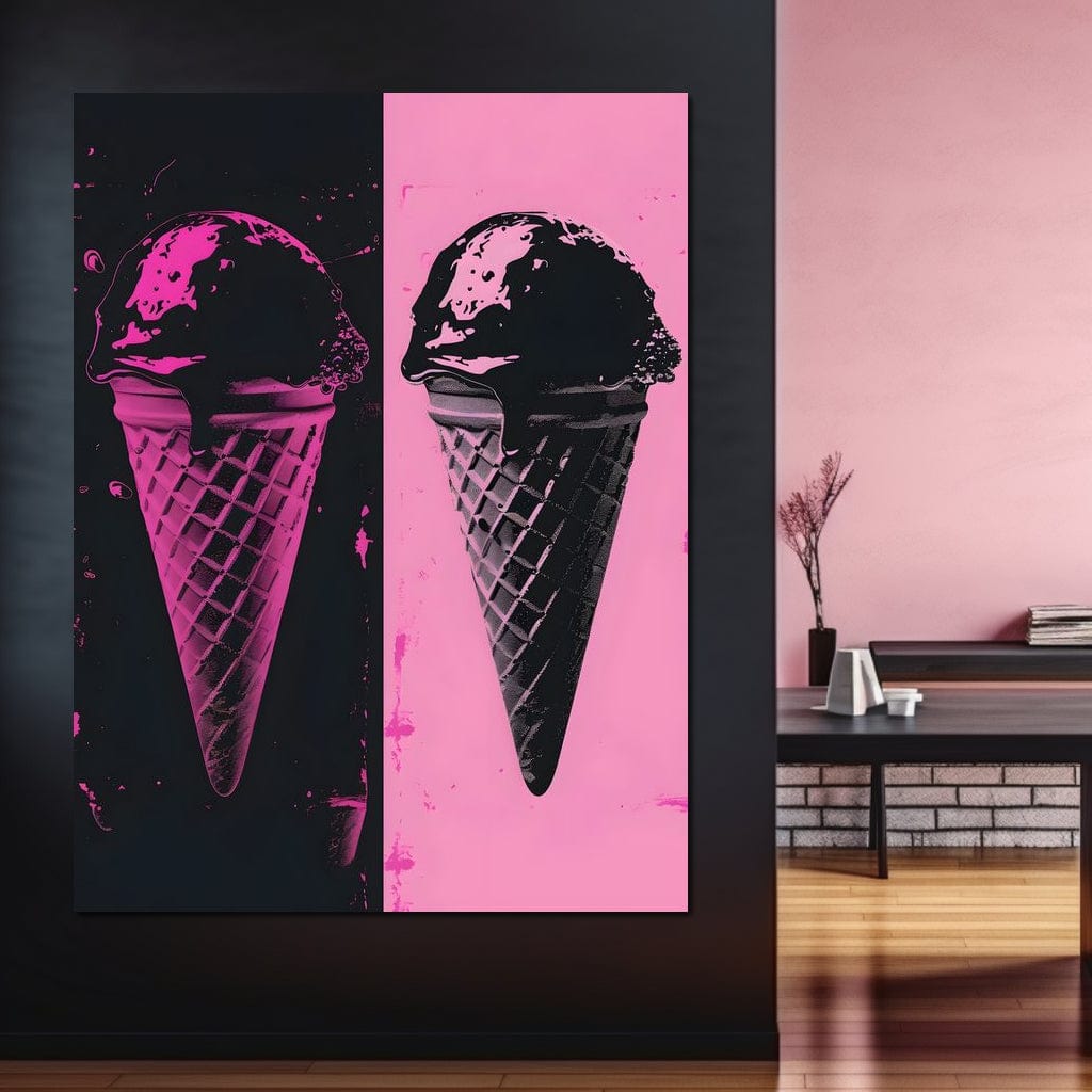 tablou canvas cu doua conuri cu inghetata, redate nuante vibrante de roz si negru