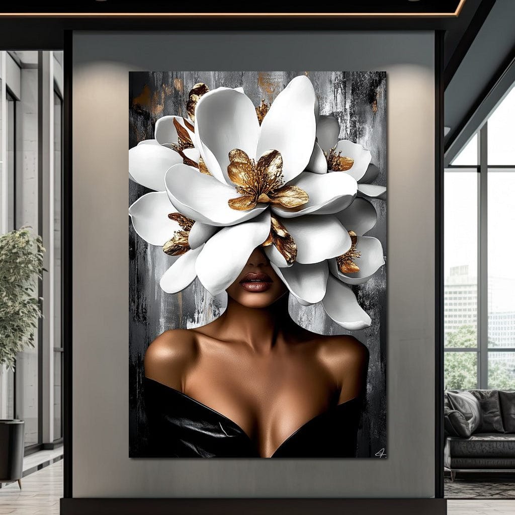 Tablou Canvas Premium LuxCanva® G1025, Misterul Magnoliei , Feminitate, Magnolie, Aur, Alb, Fashion, Glamour, Contrast, Living, Dormitor