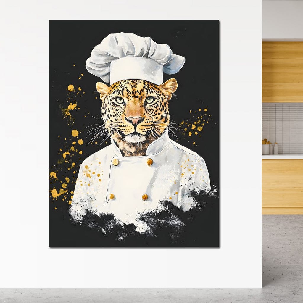 tablou canvas cu un leopard in costum de bucatar, pe fundal negru cu stropi de culoare aurii