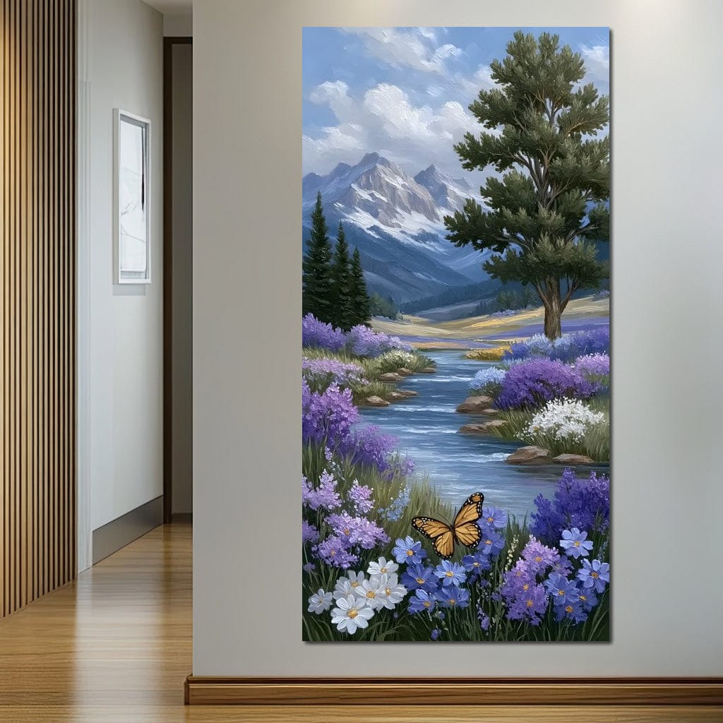 tablou canvas cu un fluture zburand deasupra unui rau cu flori violet, intr-un peisaj montan