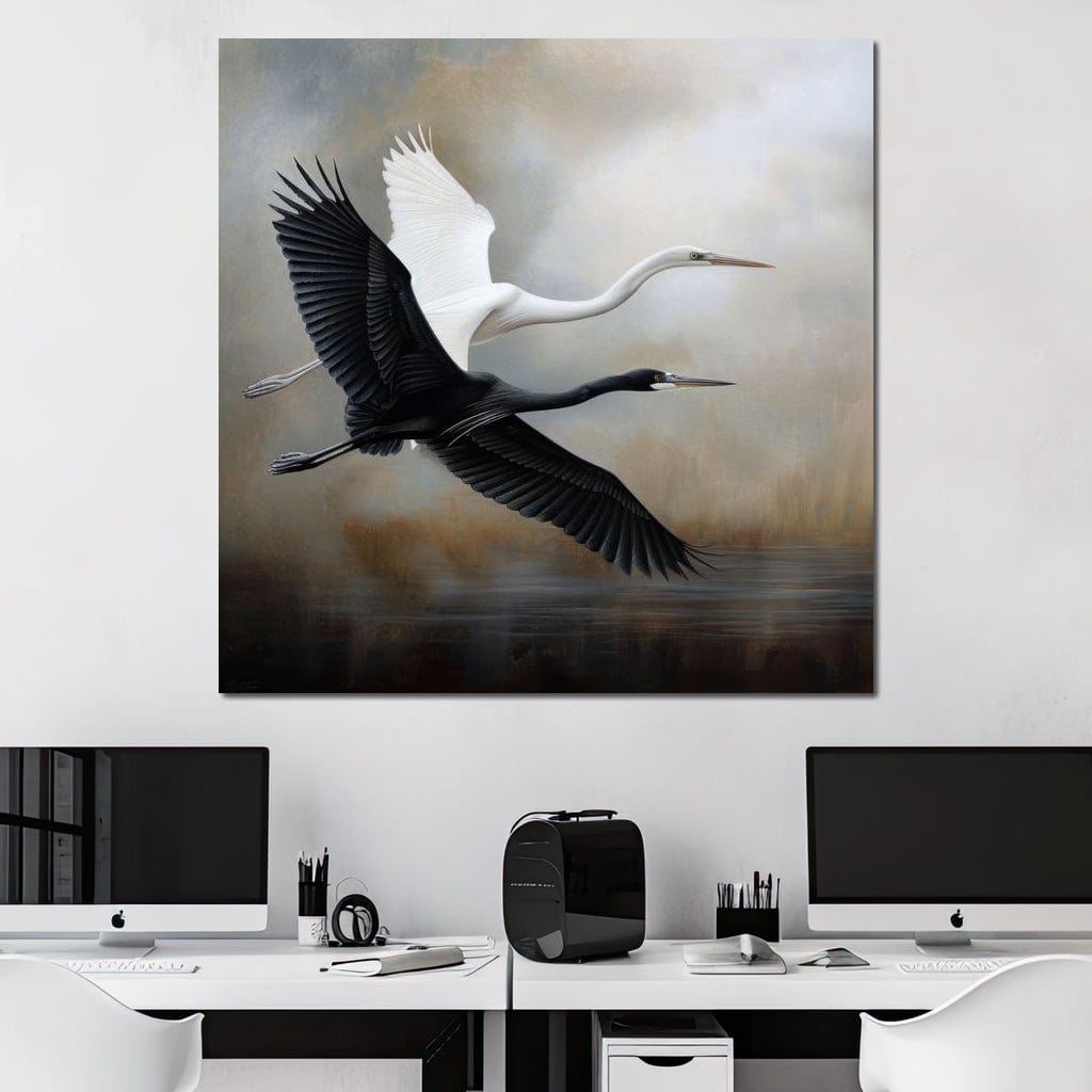 tablou canvas cu o pasare alba si o pasare neagra zburand sincron deasupra unui lac cuprins de ceata