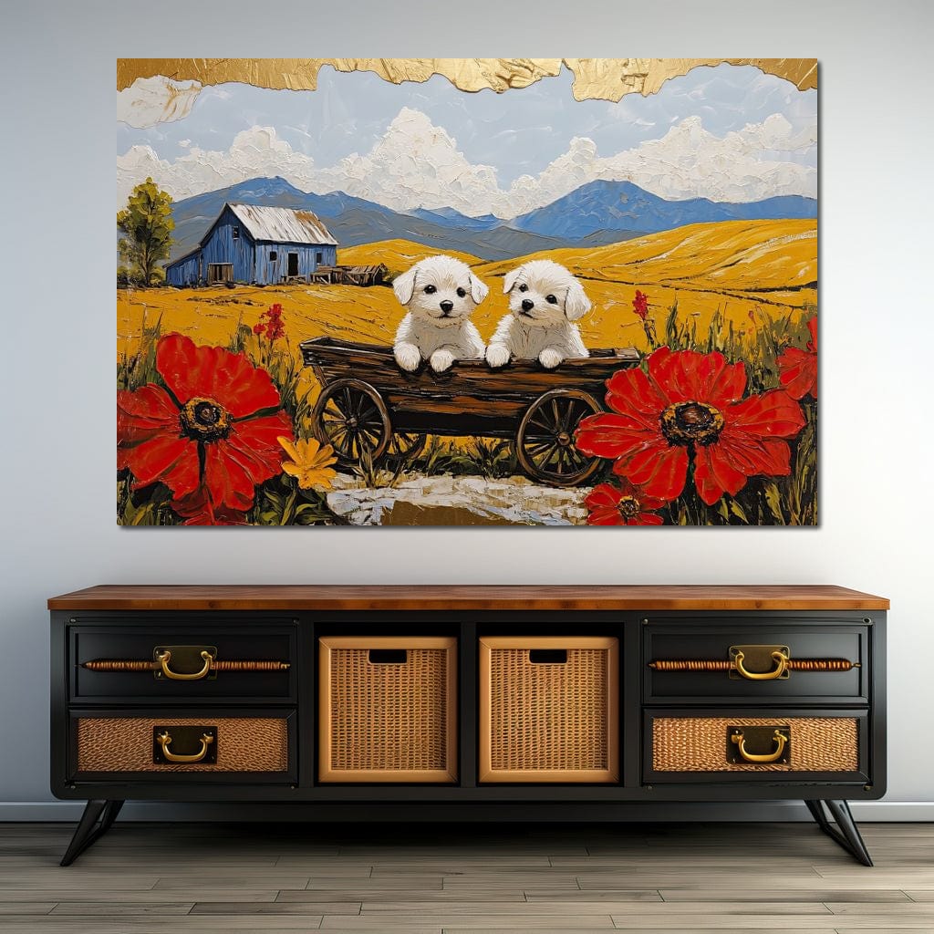 tablou canvas cu doi catelusi albi intr-un caruta de lemn rustica, in mijlocul unui lan auriu de vara, inconjurati de maci rosii si o ferma albastra in departare
