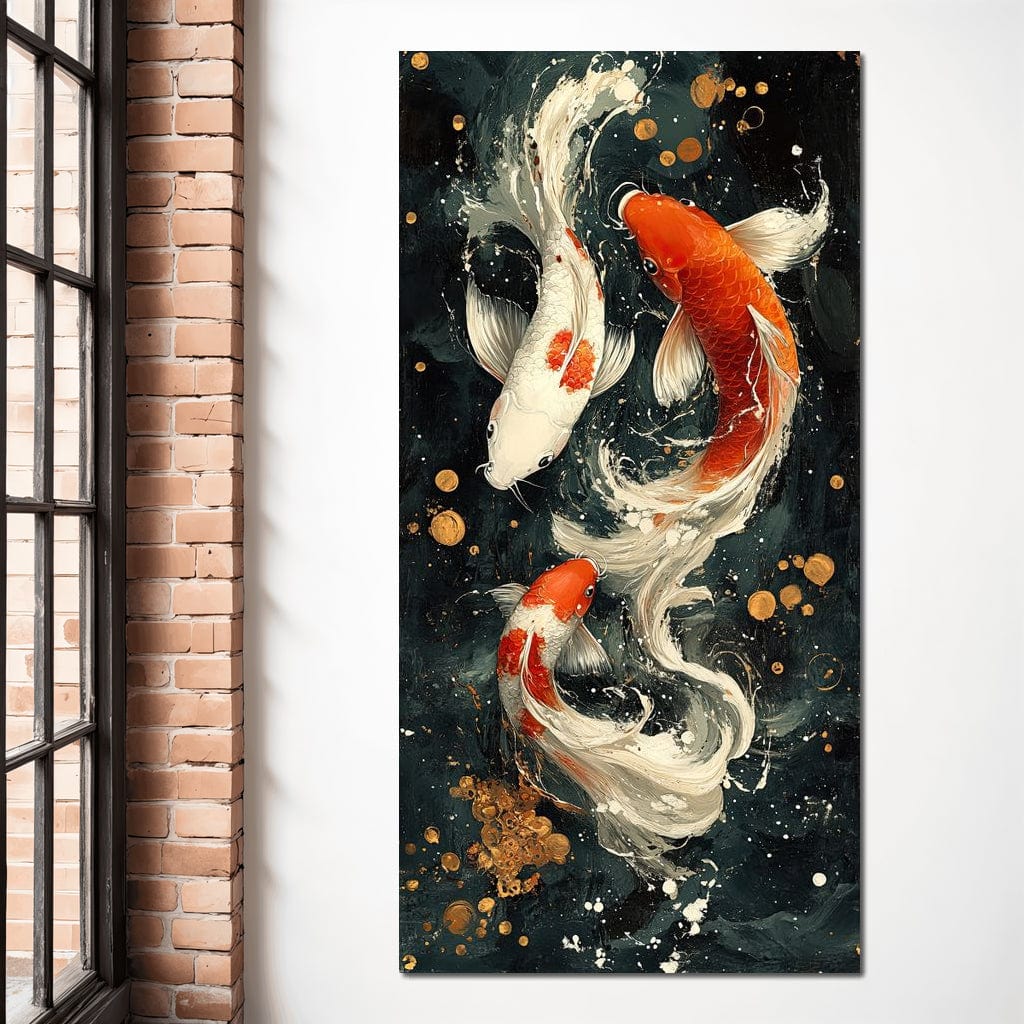 tablou canvas cu trei pesti koi in nuante de alb si portocaliu, pe fundal intunecat cu accente aurii