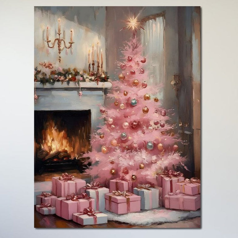 Creați o atmosferă magică de sărbători în camera dvs. de zi cu tabloul LuxCanva® Tablou Canvas Premium D1061: "Un Craciun Roz" - cu un pom de Crăciun roz, șemineu decorat și cadouri pastelate pentru un decor festiv în orice spațiu.