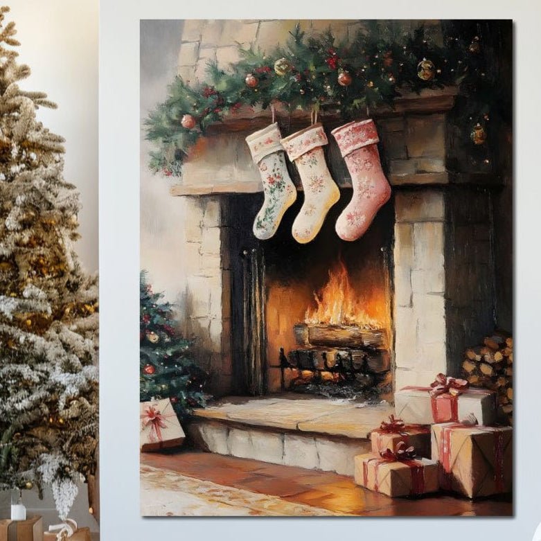 Tablou Canvas Premium LuxCanva® D1071 surprinde un șemineu decorat cu ciorapi și ghirlandă, foc aprins, cadouri și brad împodobit-o scenă magică de Crăciun, perfectă pentru camera copilului, living sau dormitor.