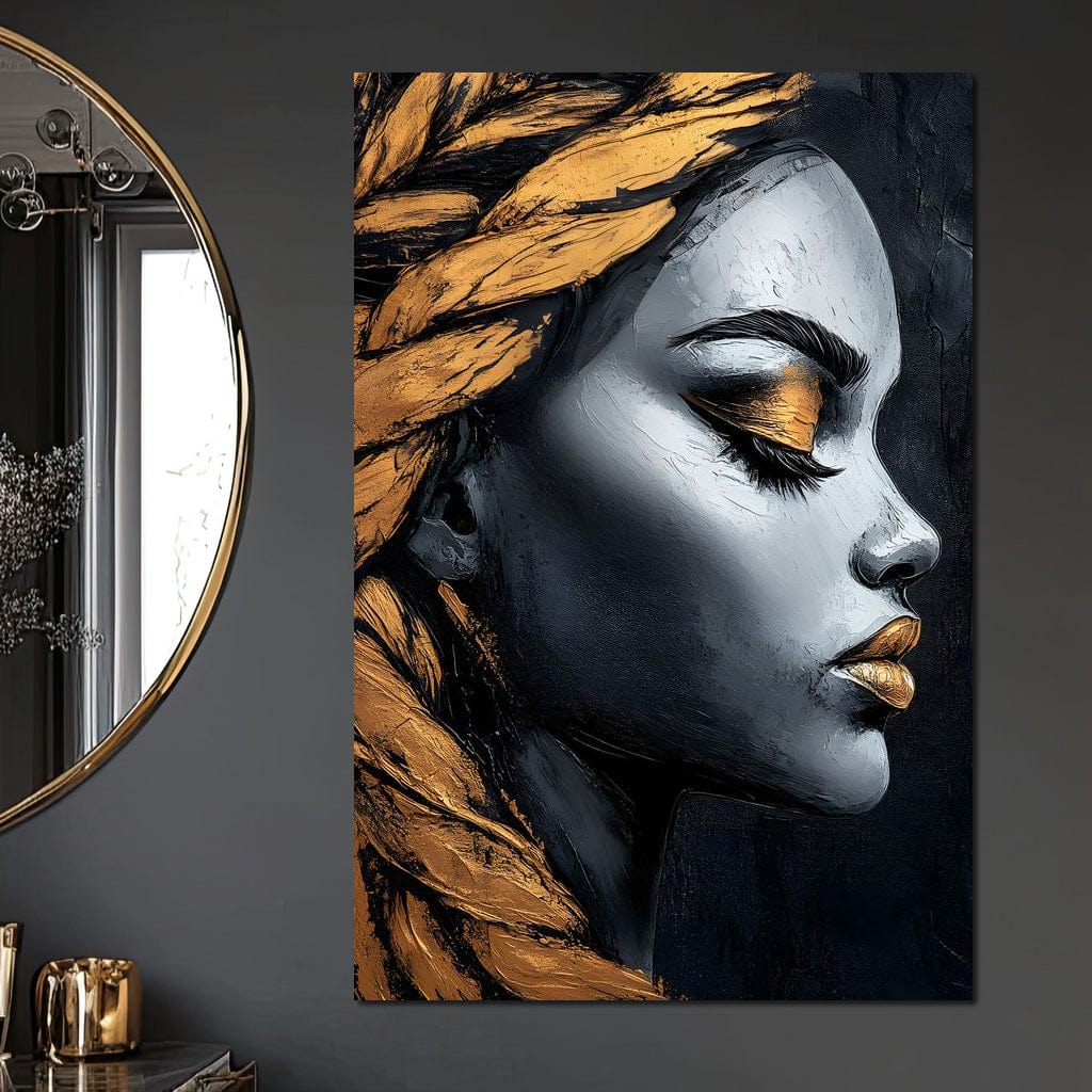 Tablou Canvas Premium, LuxCanva® G1146, Femeia cu Profil de Aur, Arta, Moderna, Pictura, Contemporan, Auriu, Modern, Alb, Negru, Eleganta, Impletitura, Birou, Living
