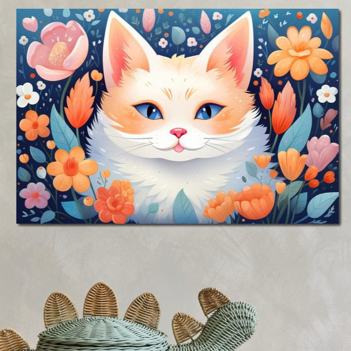 Tablou Canvas Premium, LuxCanva® K1011, Pisicuta Fermecatoare, Regina, Flori, Petale, Privire, Blanita, Pufosenie, Inflorat, Felina, Mustati, Camera Copii