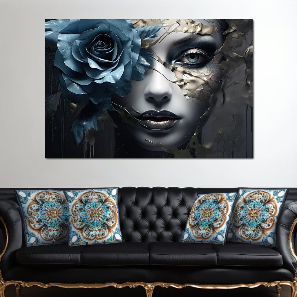 Tablou Canvas Premium, LuxCanva® G1202, Chip in Reconstructie, Cicatrici, Auriu, Albastru, Trandafir, Chip, Metamorfoza, Imposibil, Fisura, Poezie, Emotie, Gotic, Birou, Living, Dormitor