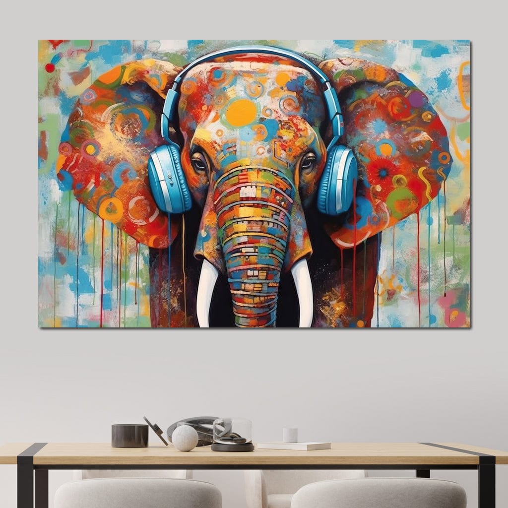 Tablou Canvas Premium, LuxCanva® M1312, Melodia Savanei, Funky, Ritm, Muzica, Elefant, Casti, Abstract, Pictura, Graffiti, Urban, Tribal, Colorat, Modern, Urban, Birou, Living, Camera Copil