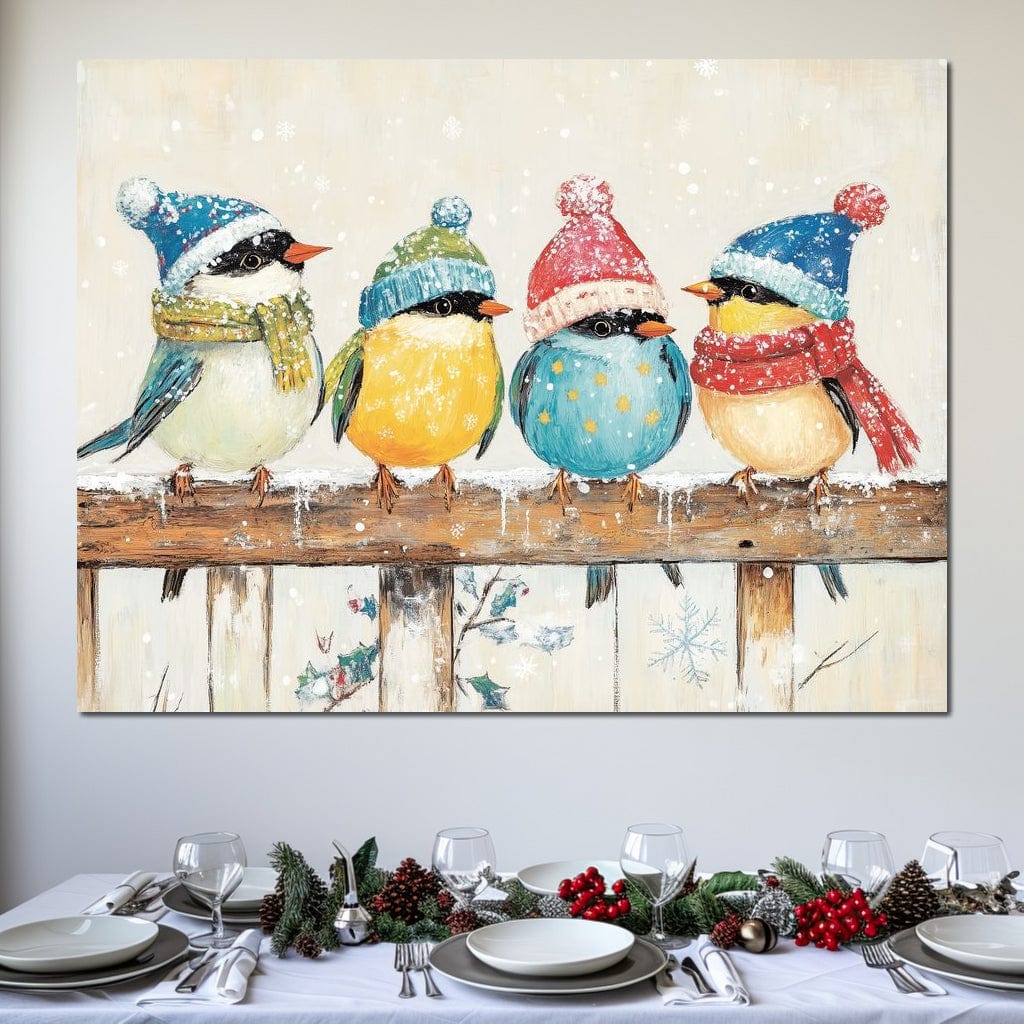 Tablou Canvas Premium LuxCanva® D1045, Moda Iernii pentru Inaripati , Vrabiute, Iarna, Prieteni, Zapada, Discutii, Living Room, Culori vibrante