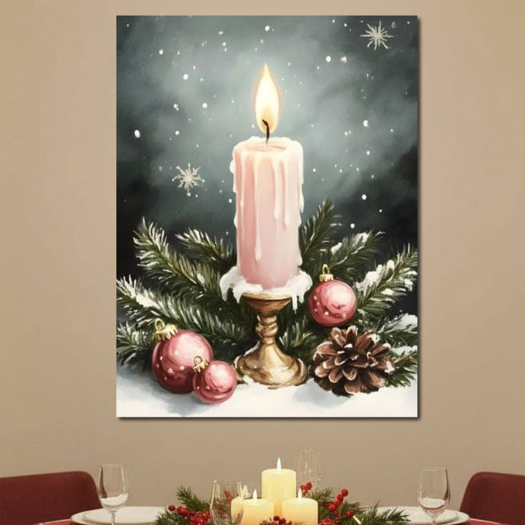 Tablou Canvas Premium, LuxCanva® D1070, Lumina de Craciun, Lumanare, Roz, Globuri, Flacara, Crengute, Brad, Con, Speranta, Caldura, Pace, Liniste, Seara, Spirit, Sfesnic, Camera Copil, Living, Dormitor