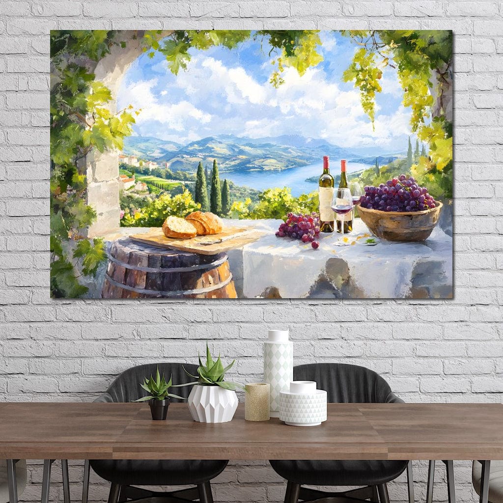 tablou canvas cu un peisaj rustic, cu paine, struguri rosii si sticle de vin rosu, pe fundal cu dealuri si cer senin