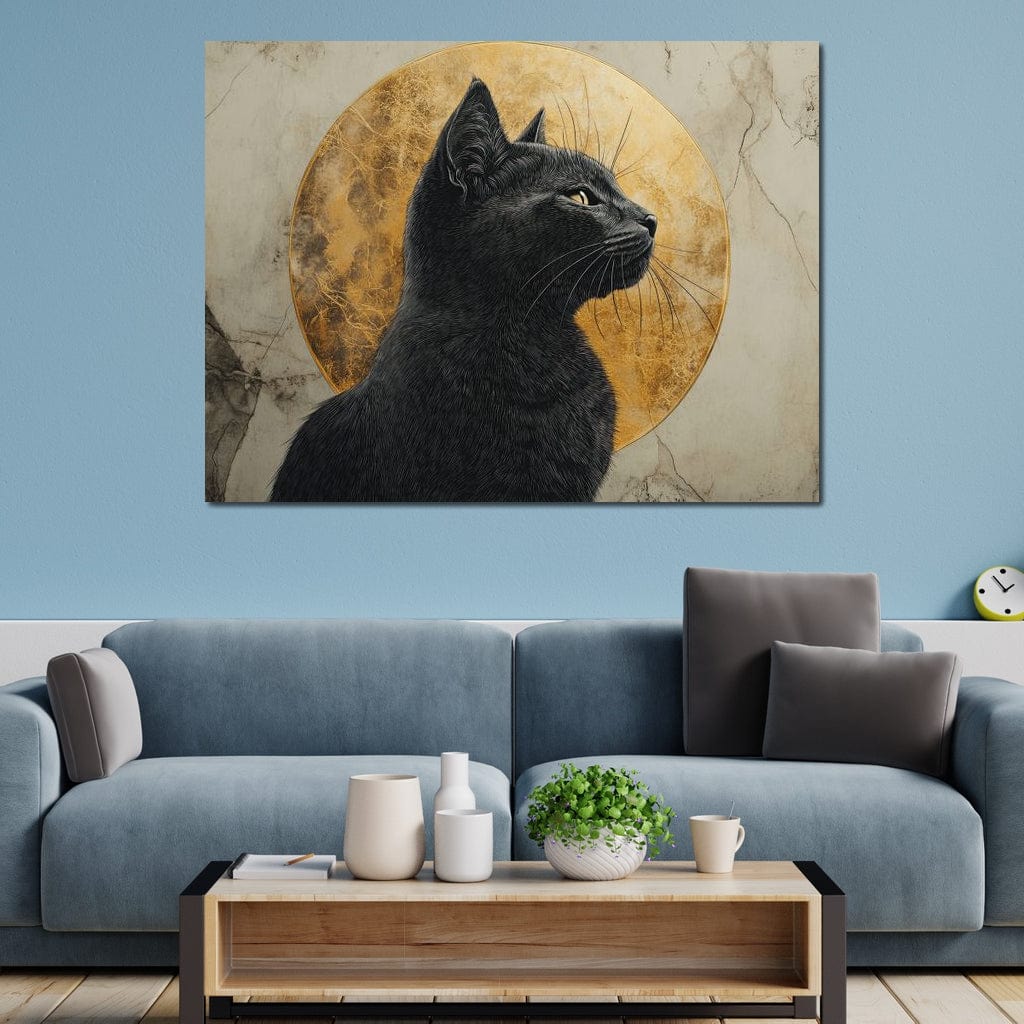 tablou canvas cu o pisica neagra, surprinsa din profil, pe fundal texturat de marmura cu Luna Plina