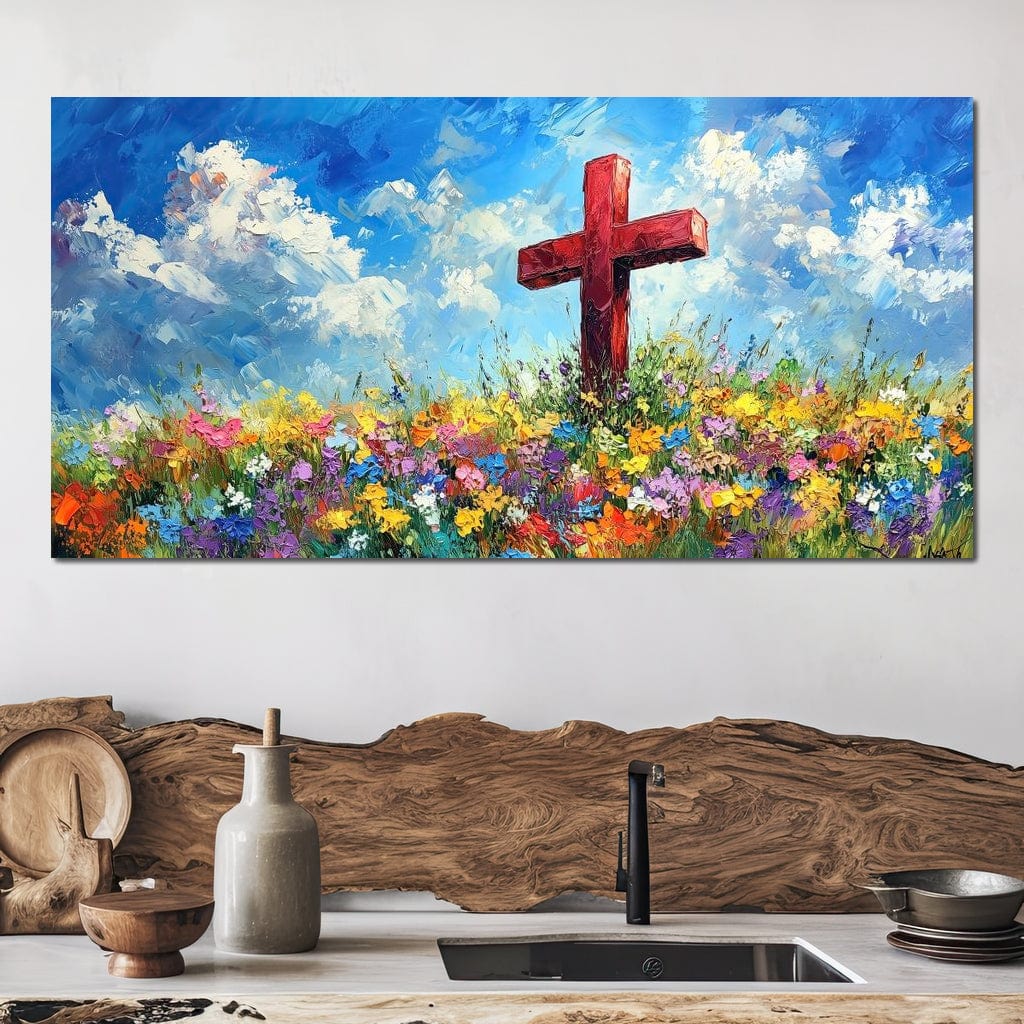 Tablou Canvas Premium LuxCanva® H1059, Gradina Raiului, Credinta, Cruce, Flori, Gradina, Lumina, Rasarit, Speranta, Puritate, Spiritualitate, Simbol Sacru, Living, Dormitor