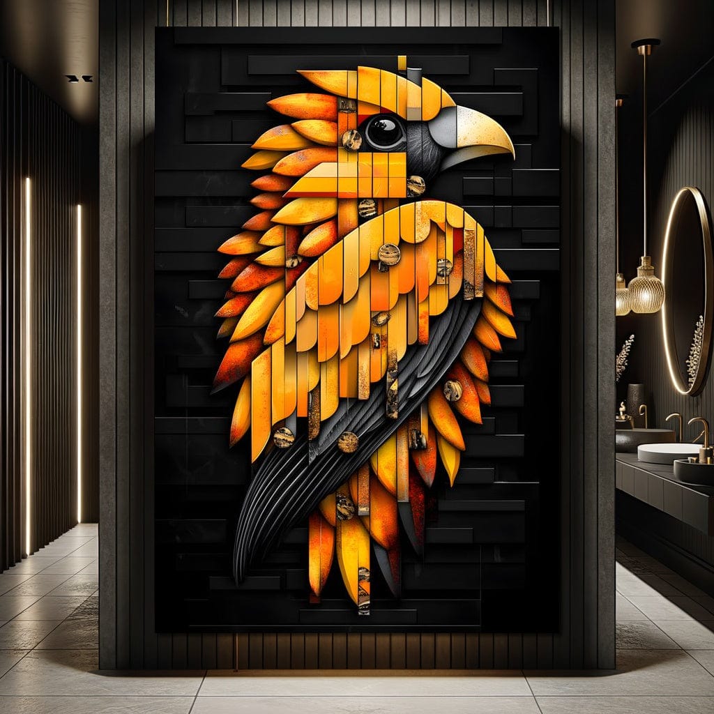 tablou canvas cu un papagal stilizat in forme geometrice, in nuante de galben si portocaliu pe fundal negru