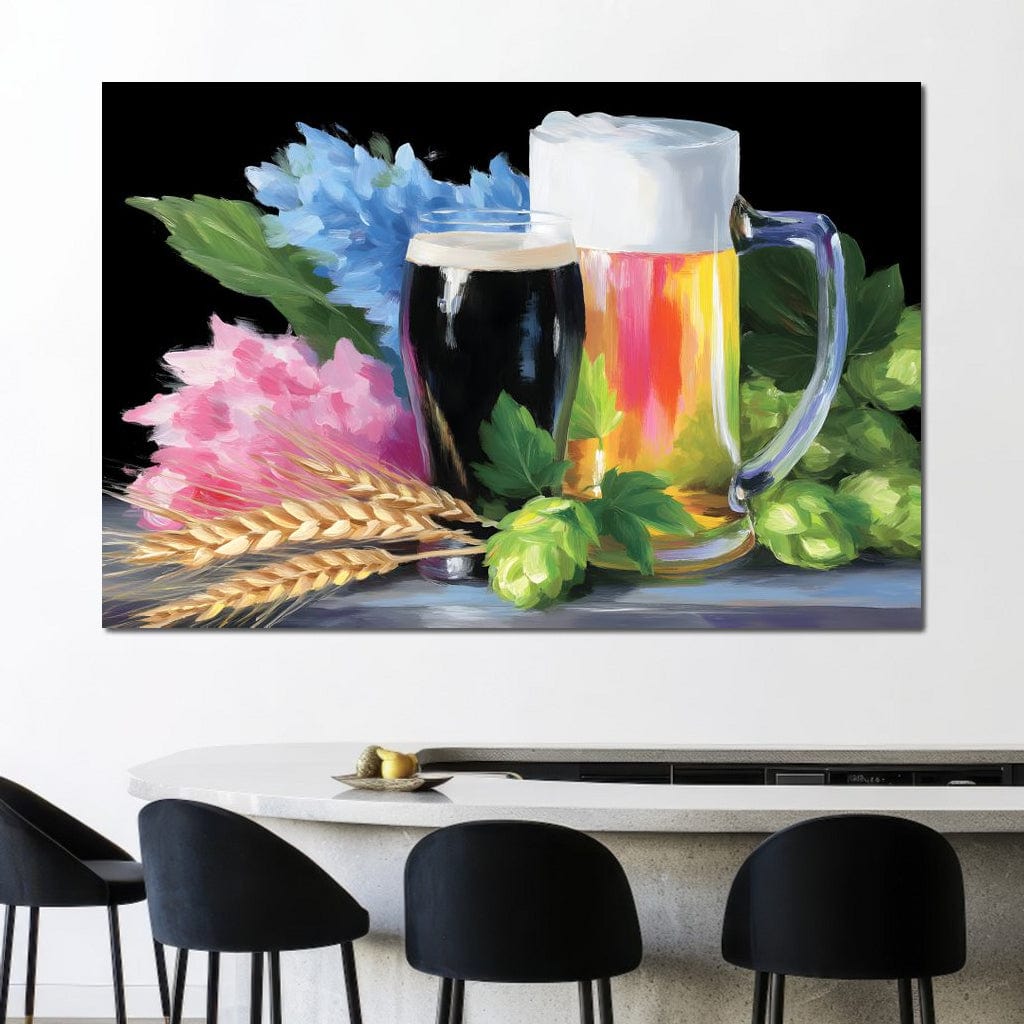 tablou canvas cu o halba de bere blonda si un pahar cu bere neagra, printre flori multicolore si flori de hamei, pictate pe fundal negru