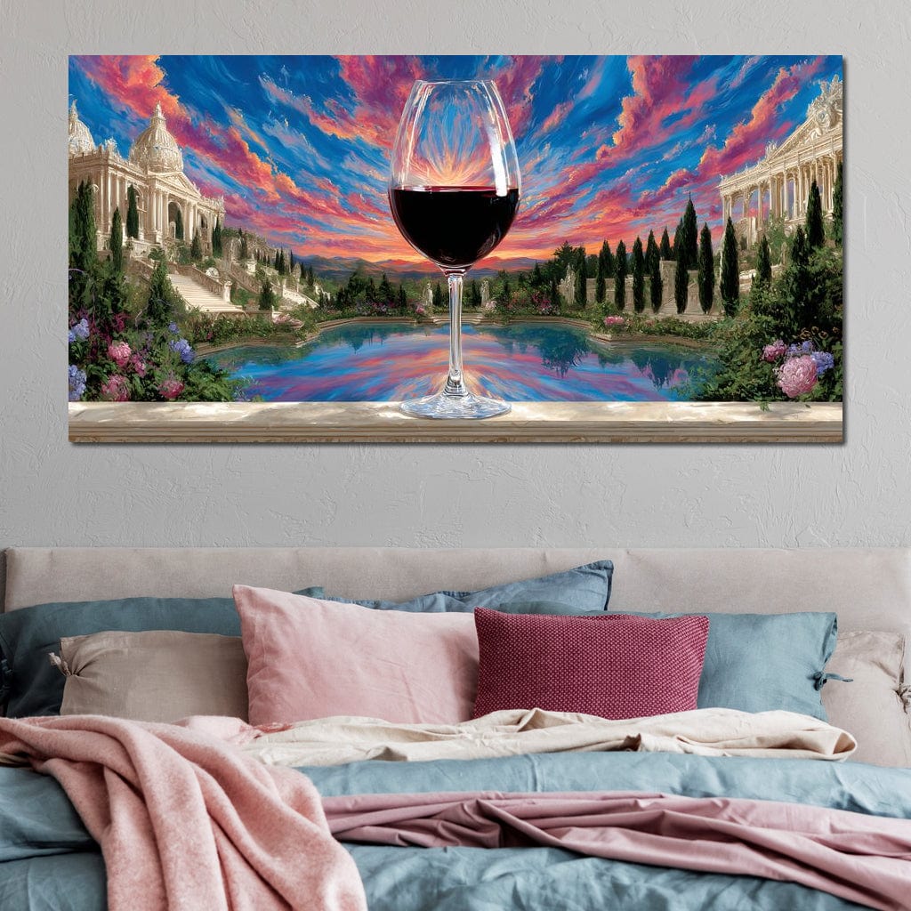 tablou canvas cu un pahar de vin rosu, pe fundal cu apus de soare si monumente istorice