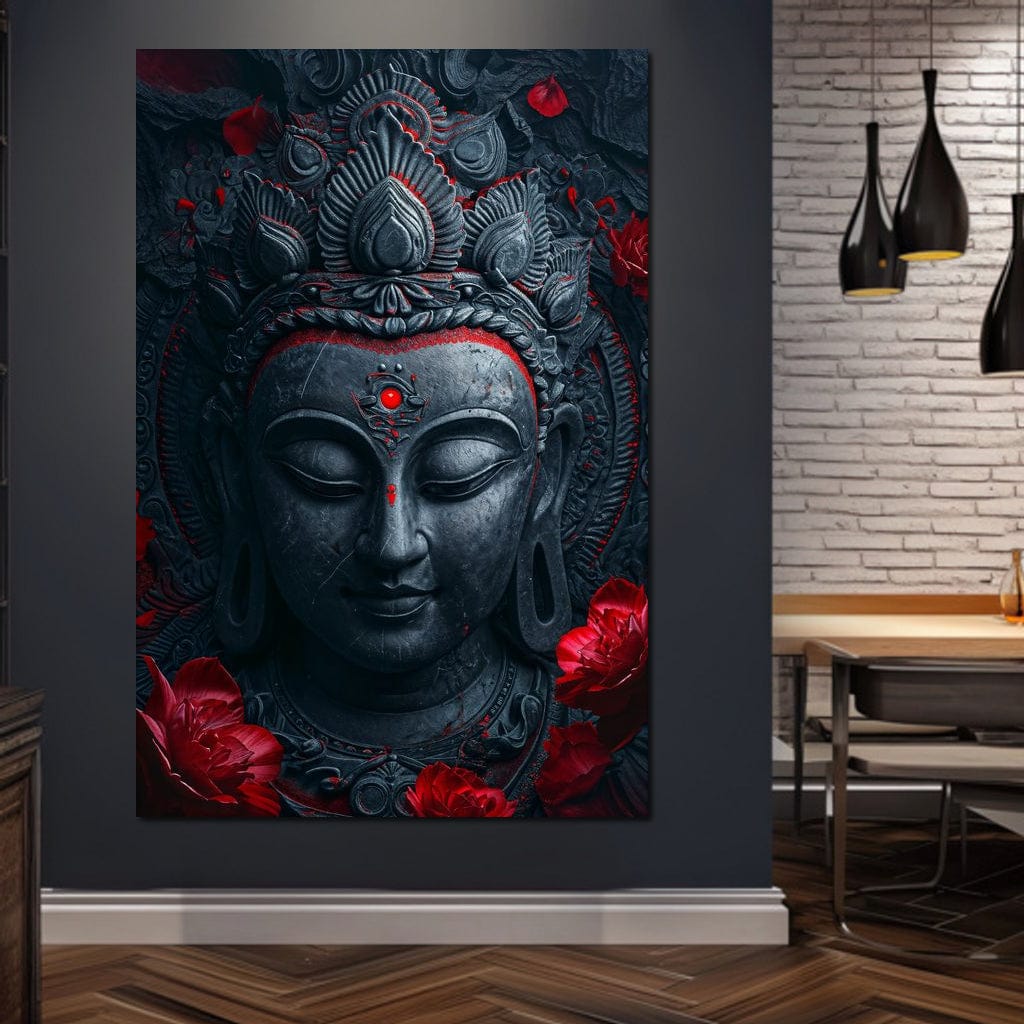 Tablou Canvas Premium LuxCanva® I132, Flori de Intelepciune, Buddha, Zen, Spiritualitate, Echilibru, Profunzime, Energie, Flori, Coroana, Noapte, Rosu, Living, Dormitor