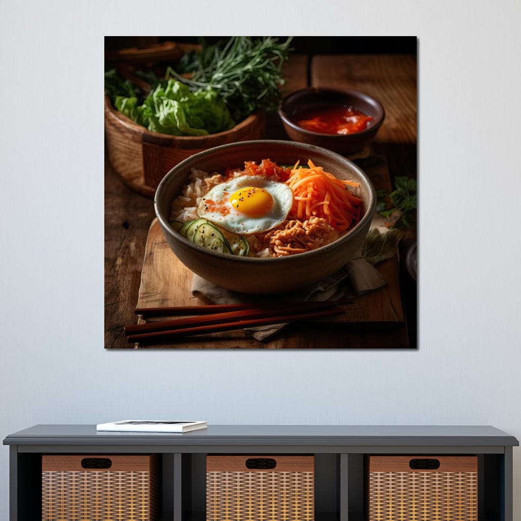 tablou canvas cu mancare asiatica, cu ou prajit, morcovi, orez si castraveti intr-un bol oriental, pe o masa de lemn alaturi de sos rosu si verdeturi