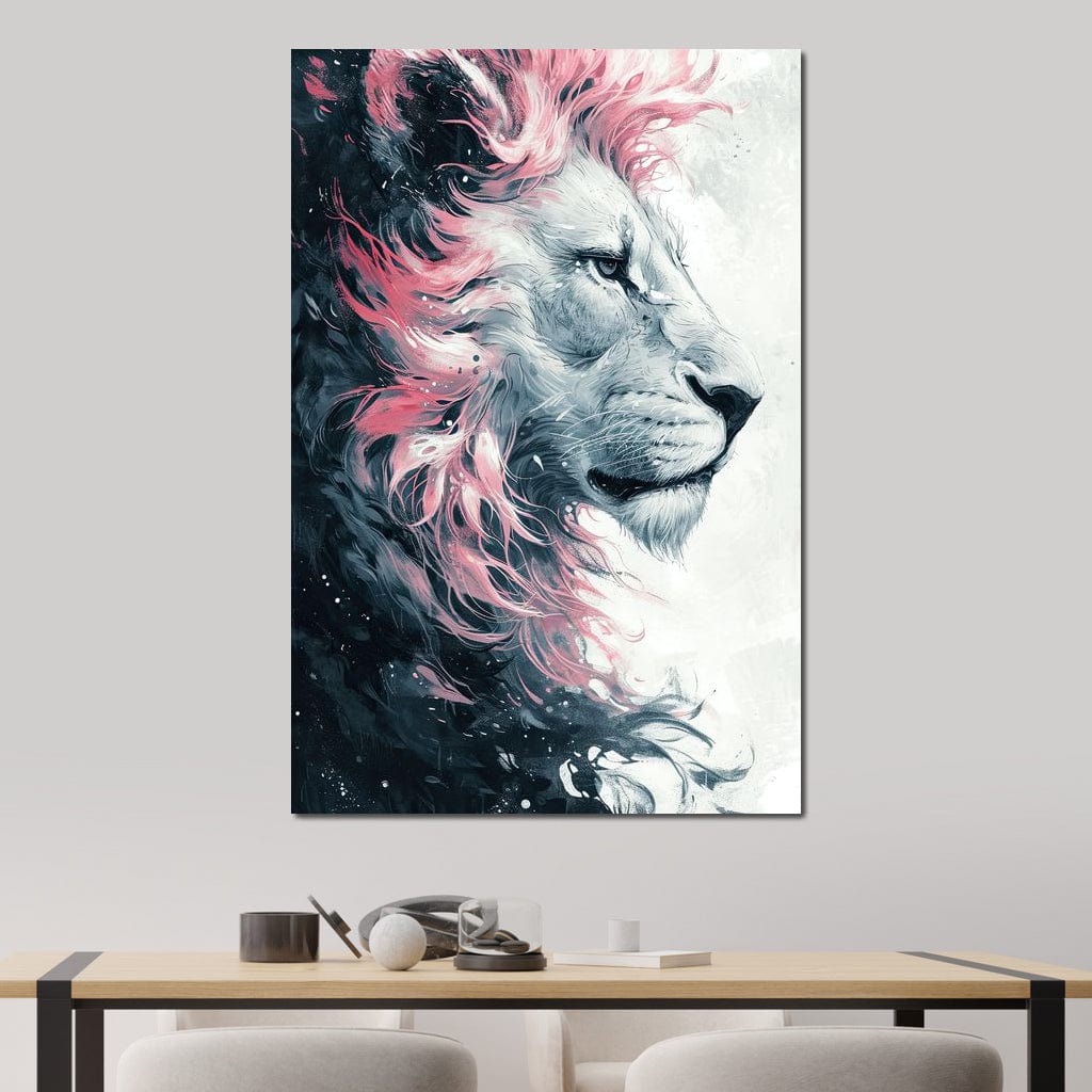 tablou canvas cu un leu surprins din profil, redat in nuante de gri si roz