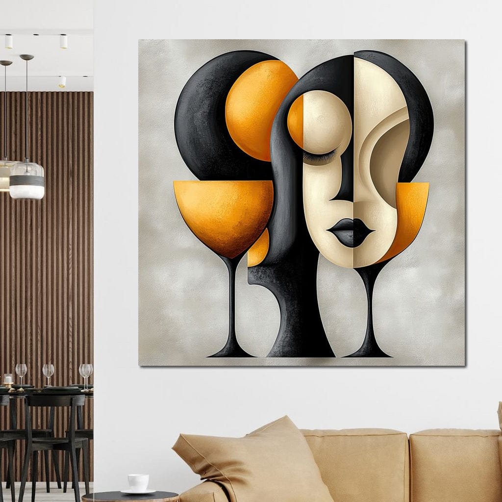 Tablou Canvas Premium, LuxCanva® J1000, Portret In Forme, Abstract, Cubism, Feminism, Pahar, Vin, Aur, Negru, Contur, Dualitate, Reflectii, Living, Dormitor