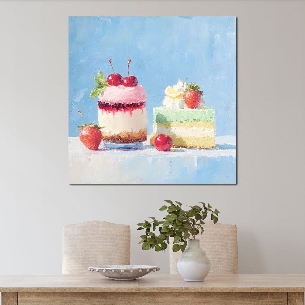 tablou canvas cu o prajitura si o felie de tort, decorate cu fructe proaspete, pe fundal pictat in nuante pastelate