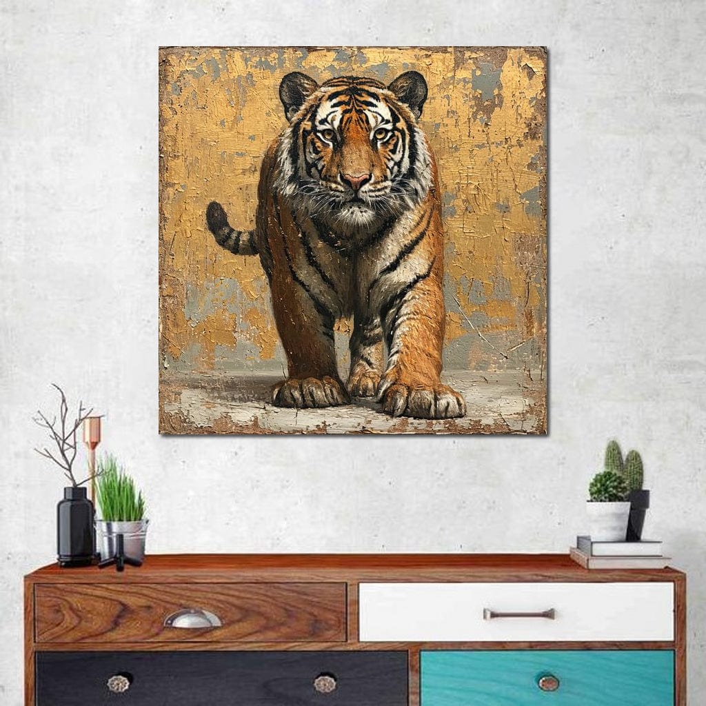 tablou canvas cu portretul unui tigru in mers, pictat realist pe fundal texturat cu aspect de perete vechi, in stil vintage