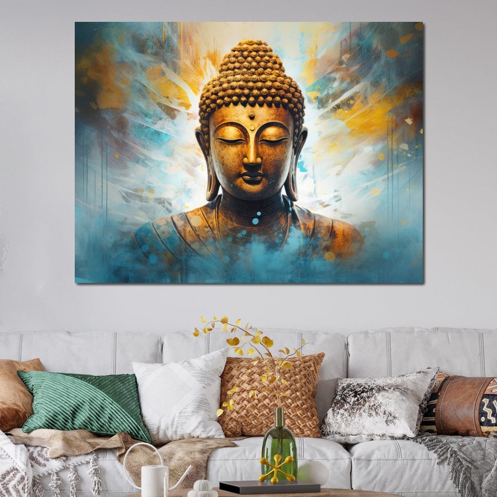 Tablou Canvas Premium LuxCanva® I123, Reflectia Iluminarii, Buddha, Zen, Iluminare, Pace Interioara, Spiritualitate, Armonie, Meditatie, Albastru, Gold, Living, Dormitor