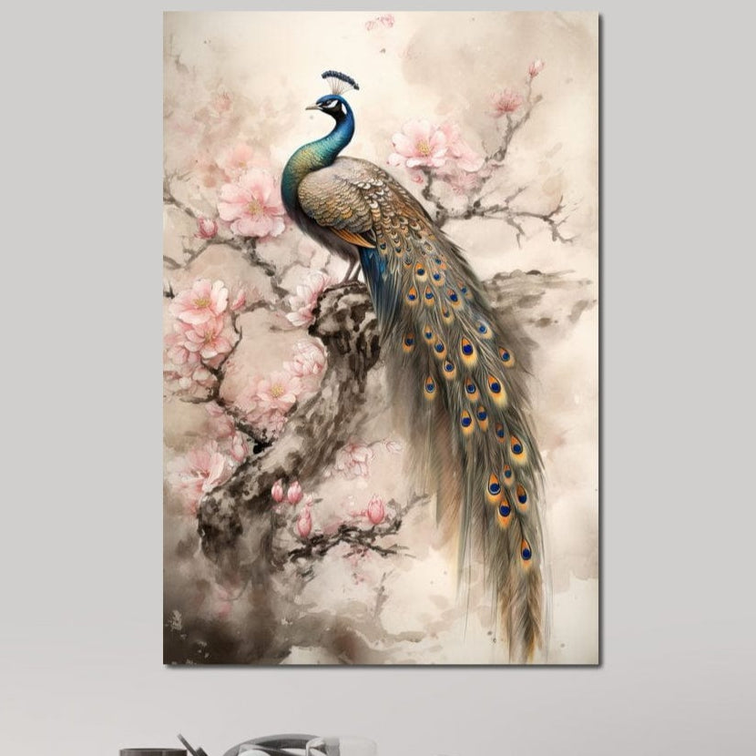 tablou canvas cu un paun elegant pe o ramura de copac inflorit, in tonuri de roz si maro