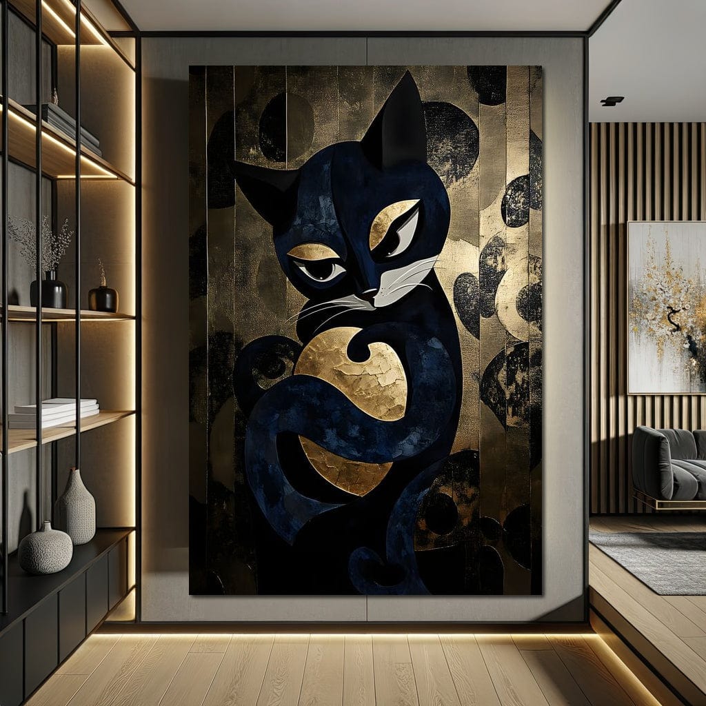 tablou canvas cu o pisica stilizata in tonuri de albastru si auriu, pe fundal texturat metalic cu forme circulare si linii