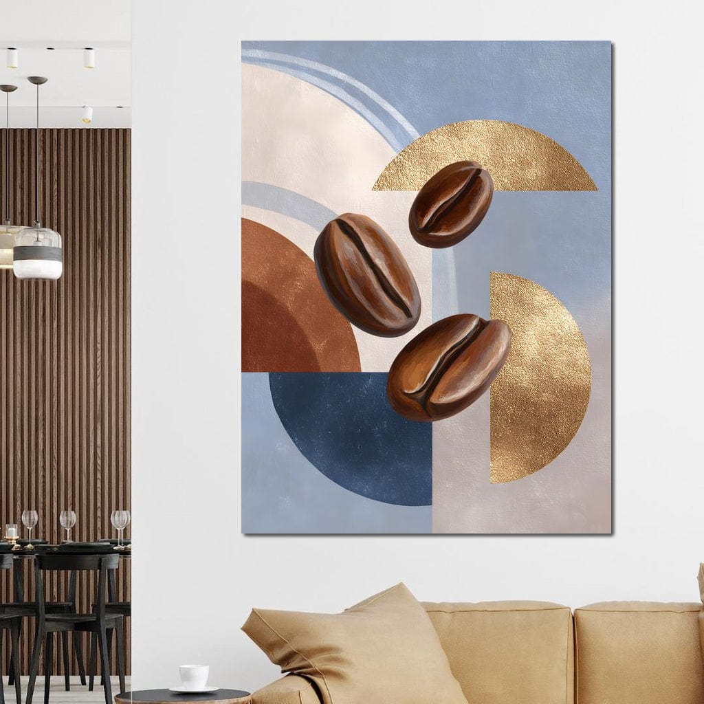 tablou canvas cu trei boabe de cafea pe fundal abstract in nuante reci de albastru in combinatie cu elemente calde, aurii si maro