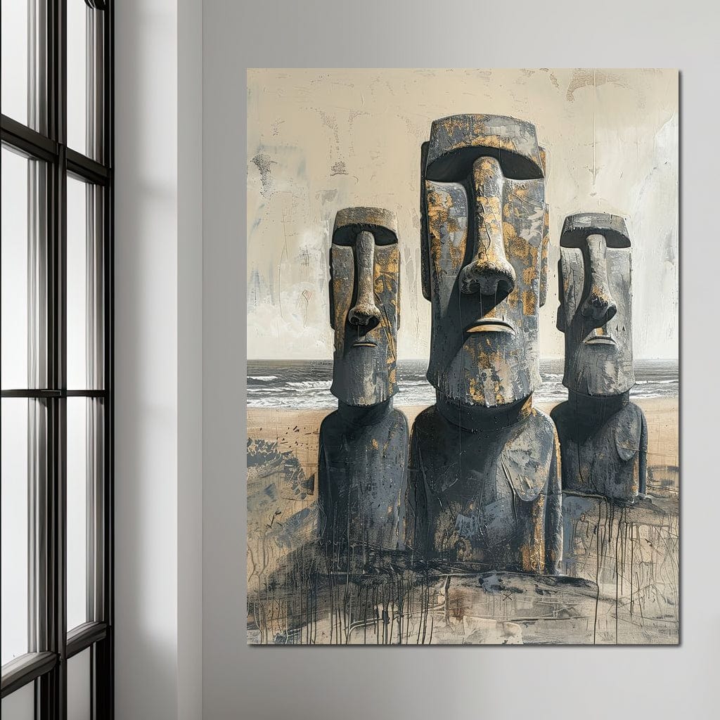 Tablou Canvas Premium, LuxCanva® O1056, Misterele Insulei Pastelui, Gardian, Tacere, Moai, Strajer, Chipuri, Tacere, Piatra, Chile, Civilizatie, Pierdut, Statui, Pacific, Cultura, Birou, Living, Dormitor