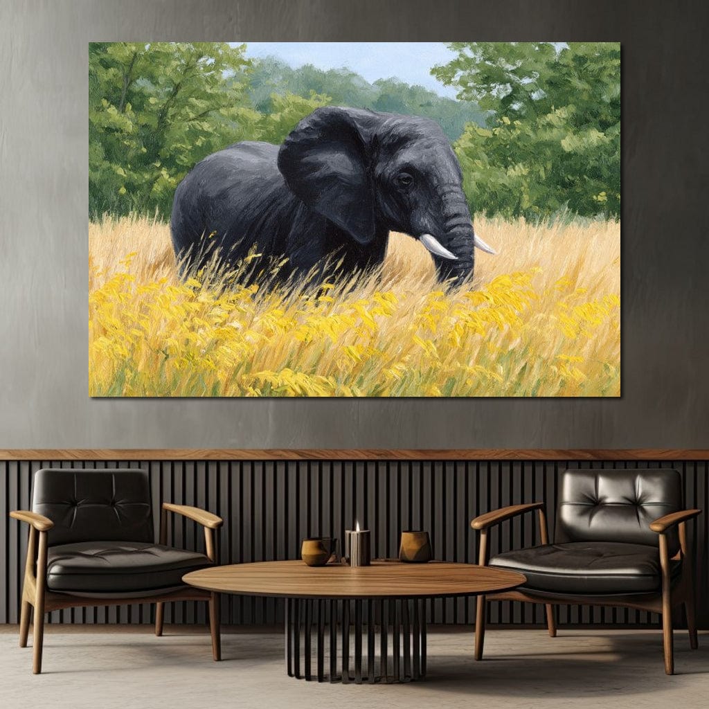 tablou canvas cu un elefant intr-un lan auriu, pe fundal natural cu vegetatie, redat in stil pictura