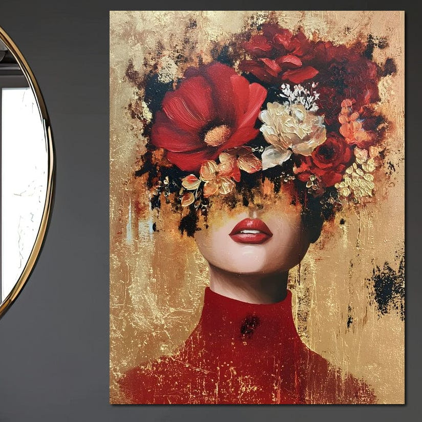Tablou Canvas Premium, LuxCanva® G1228, Voal din Petale, Gradina, Tacut, Flori, Regina, Eclipsa, Rosu, Trandafir, Aur, Eleganta, Feminitate, Pictura, Texturat, Lux, Modern, Femeie, Salon, Living, Dormitor