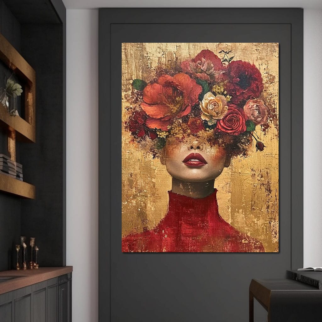 Tablou Canvas Premium LuxCanva® G1029, Femeia si Trandafirii , Natura, Petale, Trandafiri, Detalii, Portret, Romantism, Living, Dormitor, Culori vibrante