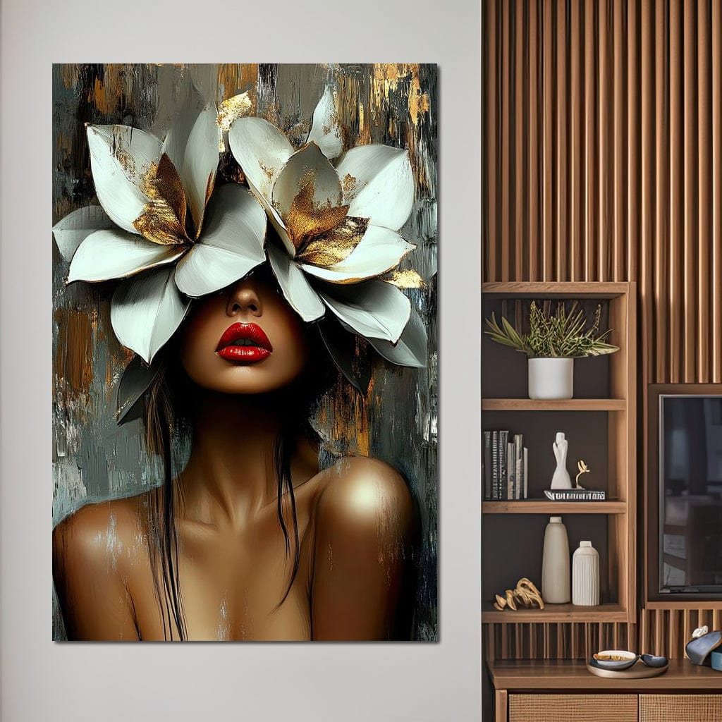 Tablou Canvas Premium, LuxCanva® G1186, Sub Corola Visului, Auriu, Rosu, Feminitate, Gratie, Mister, Floral, Senzualitate, Exotic, Petale, Oniric, Renastere, Vis, Birou, Living, Dormitor