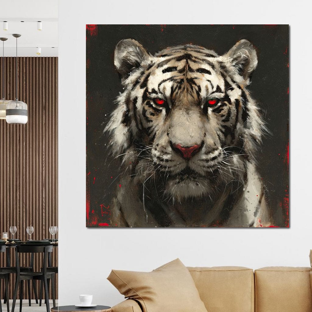 tablou canvas cu un tigru cu ochii rosii si privire patrunzatoare, pe fundal intunecat cu accente picturale rosii