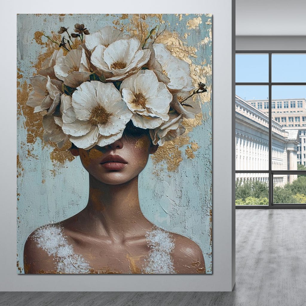 Tablou Canvas Premium LuxCanva® G1000, Ganduri Inflorite ,  Flori, Frumusete, Alb, Auriu, Petale, Estetica, Portret, Living, Dormitor, Culori vibrante