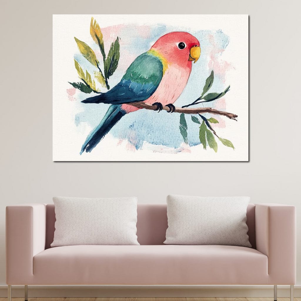 tablou canvas cu un papagal mic si colorat pe o ramura, pe fundal pastelat stil acuarela